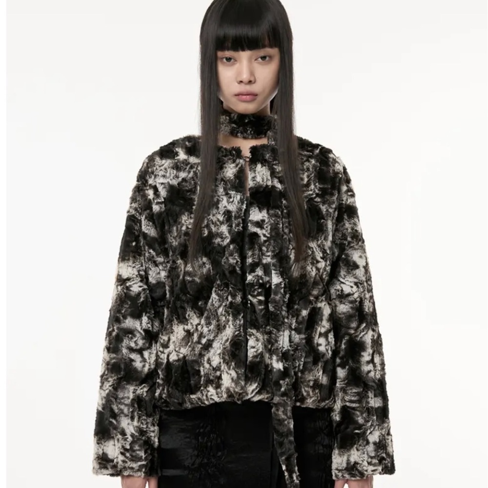 Women's Black and Gray Faux Fur Jacket